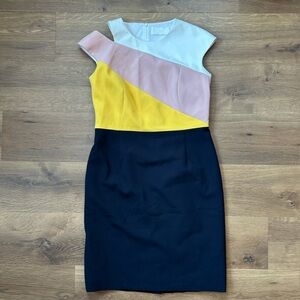 Boss Colorblock Midi Dress in Black, Yellow, Pink, and White